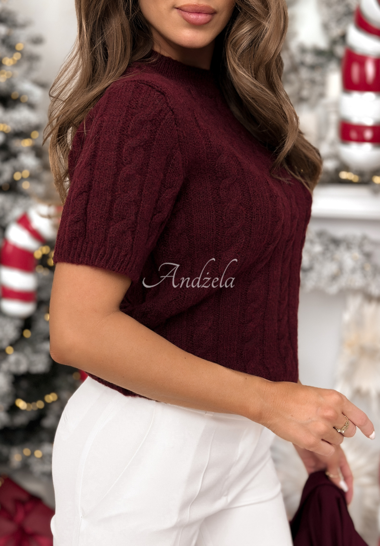 Ozdobne pletený sveter s vlnou a alpakou Miss Me bordová