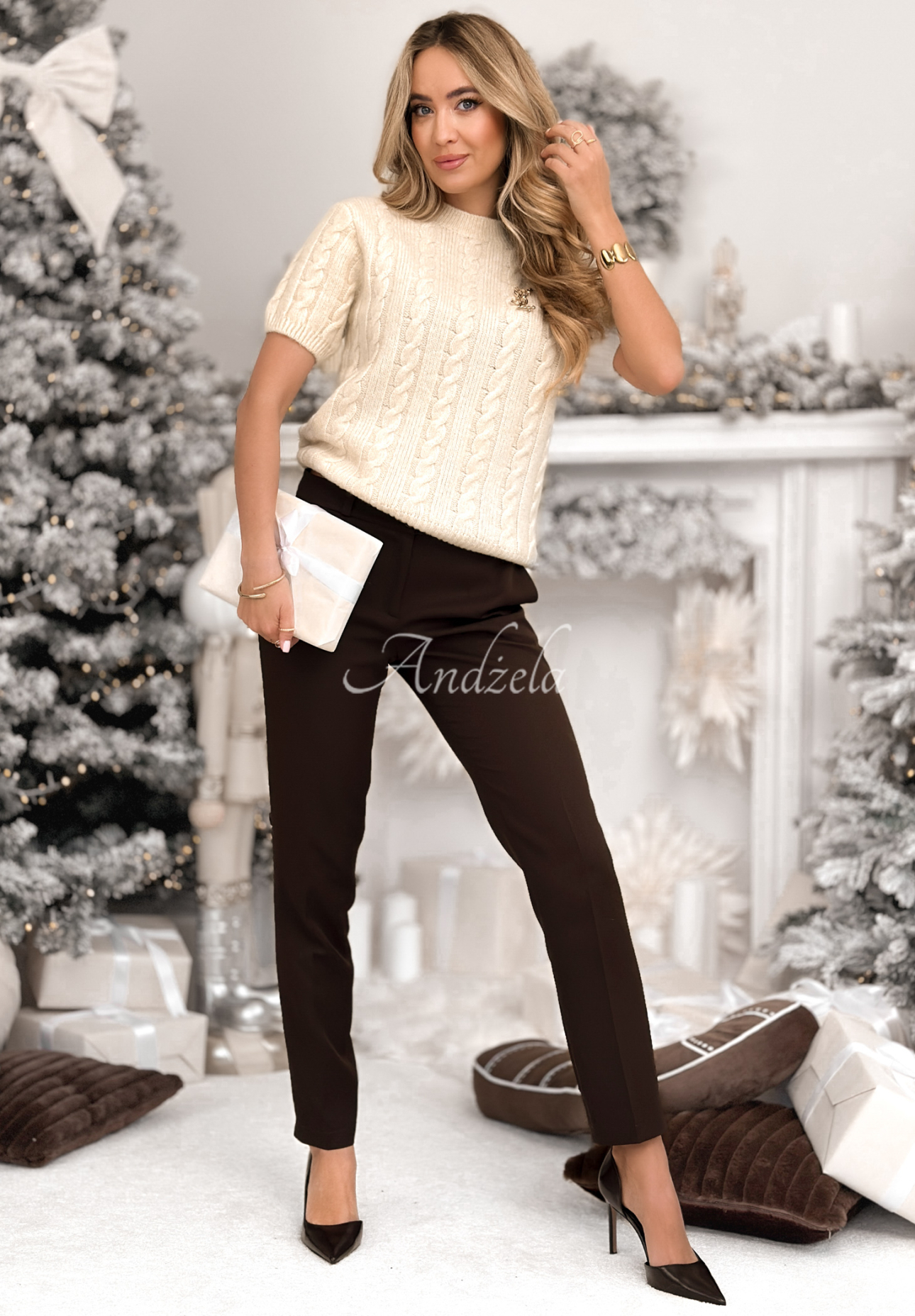 Ozdobne pletený sveter s vlnou a alpakou Miss Me béžový