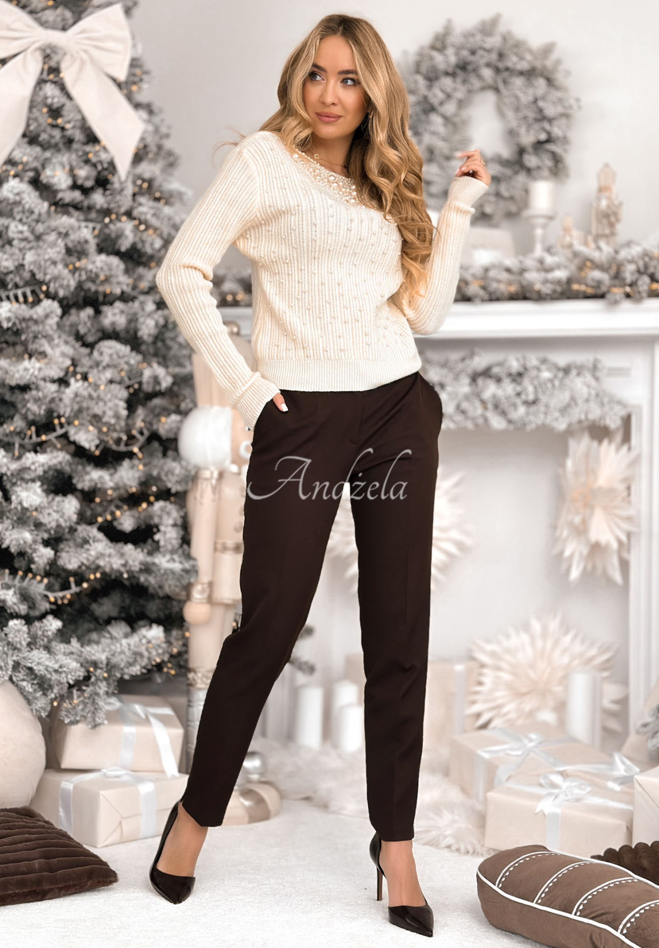 Rebrovaný sveter s perlami Pearly Lady ecru