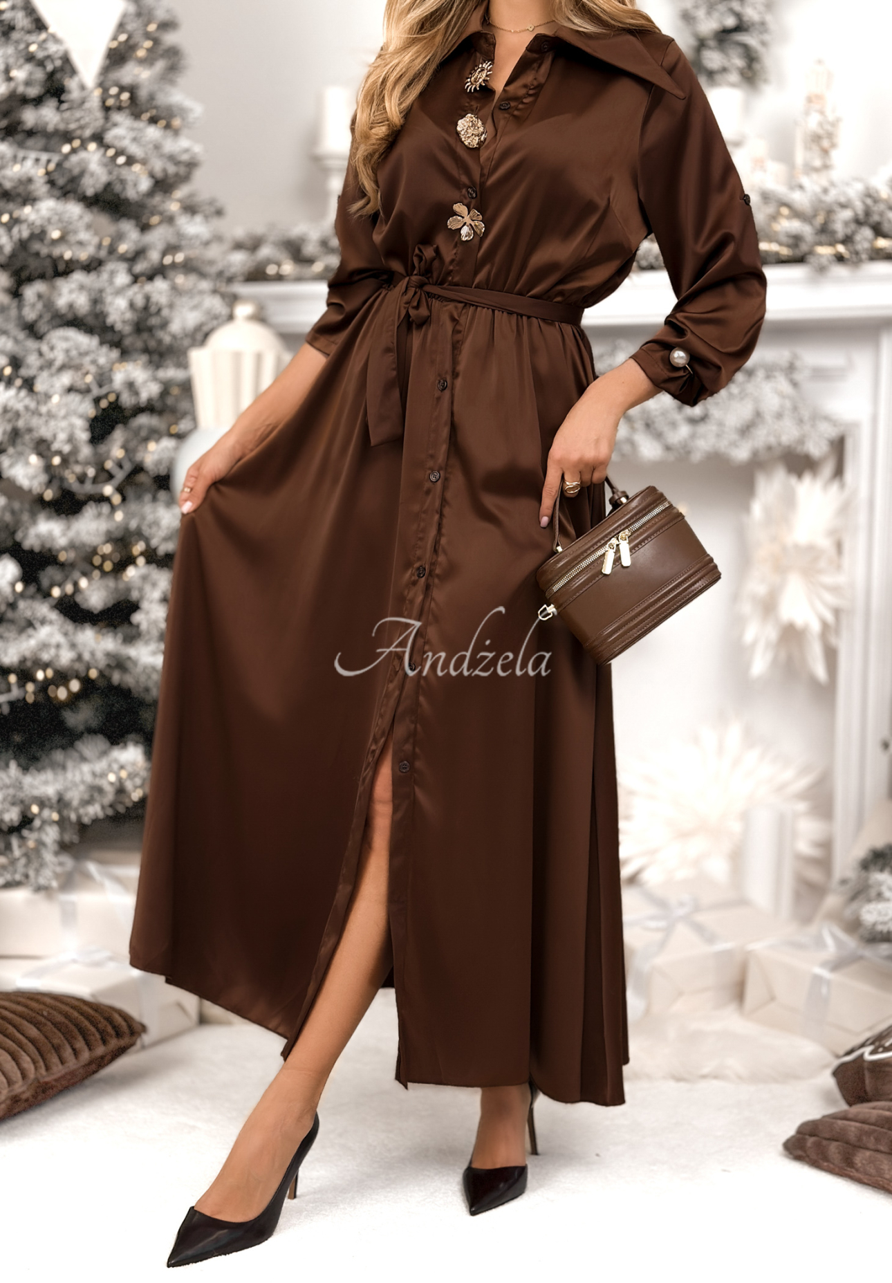 Košeľové saténové šaty maxi Maybe Yes Maybe No čokoládová