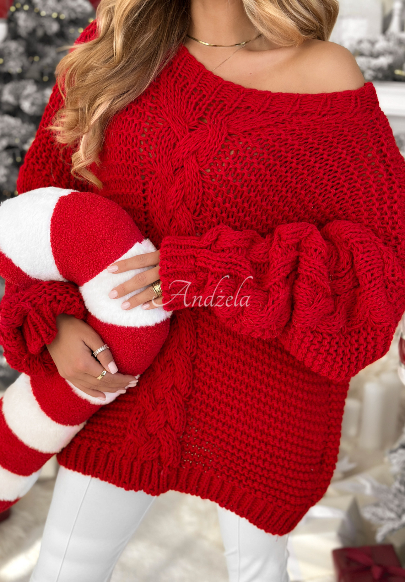 Sveter oversize ozdobne pletený s vlnou White Season červený