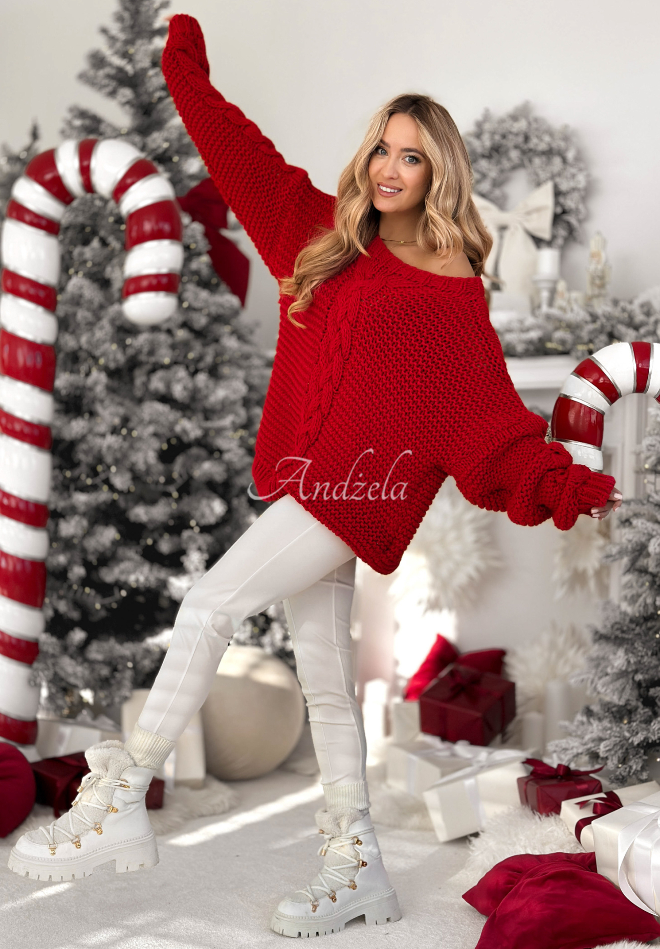 Sveter oversize ozdobne pletený s vlnou White Season červený