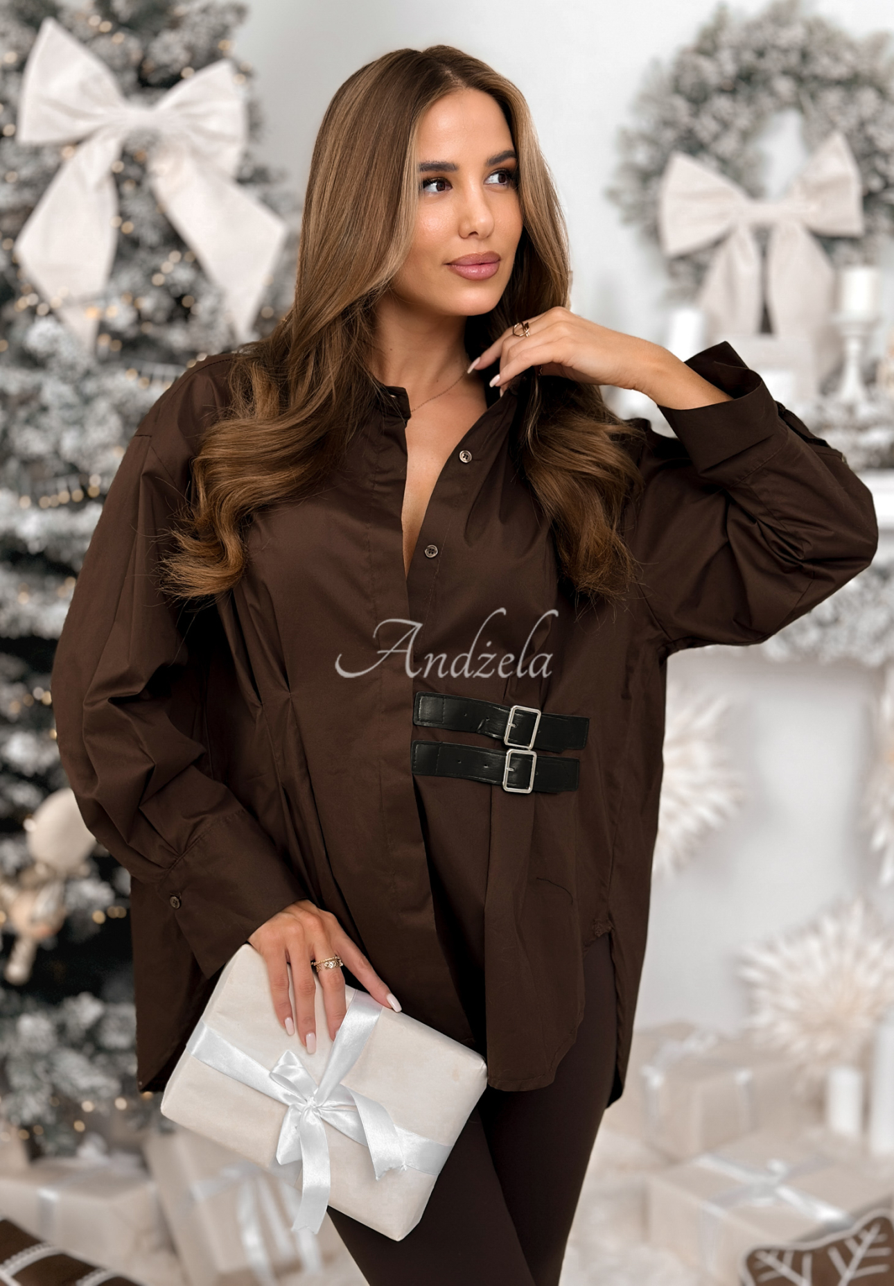 Asymetrická košeľa tunika s pásikmi Can Only Be čokoládová