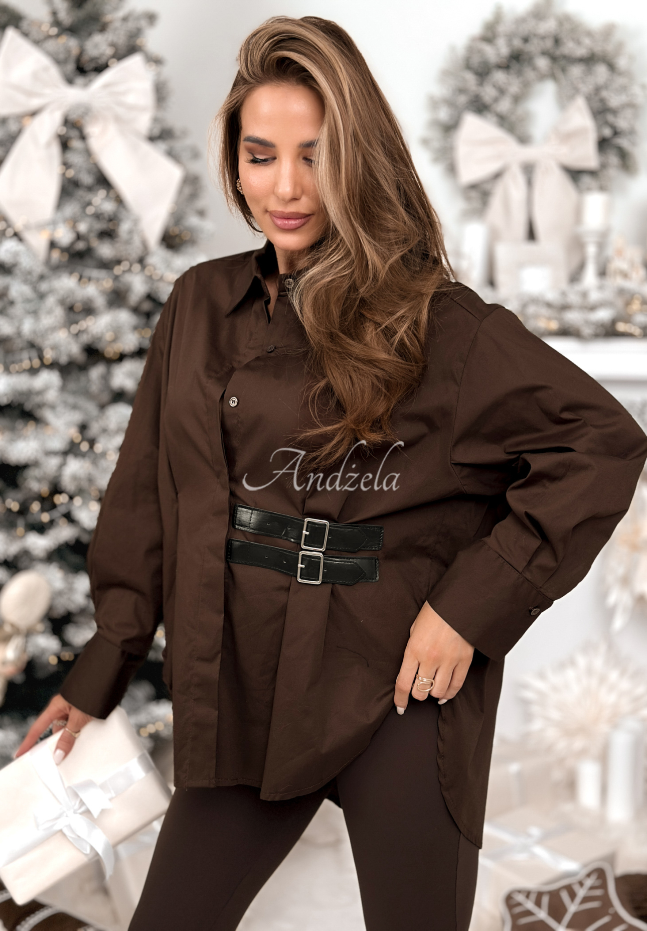 Asymetrická košeľa tunika s pásikmi Can Only Be čokoládová