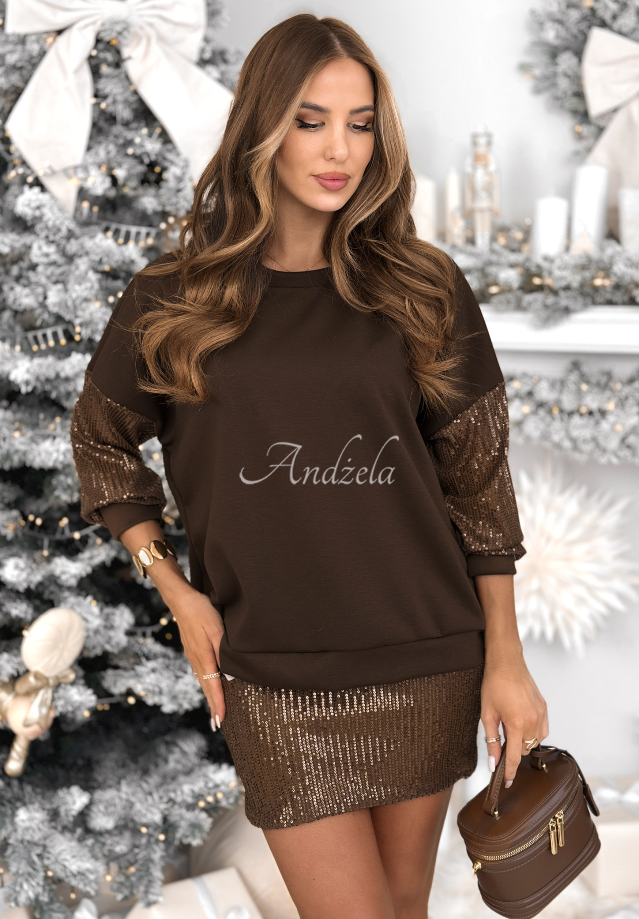 Súprava mikina a sukňu s flitrami Got The Power čokoládový