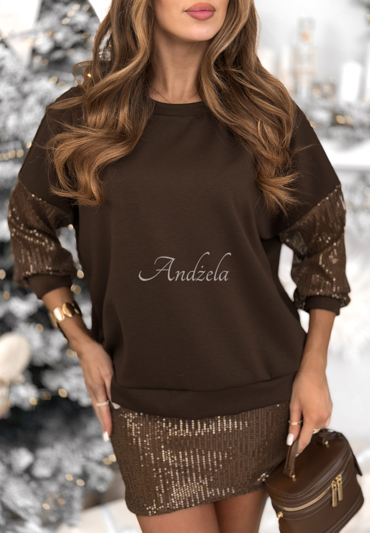 Súprava mikina a sukňu s flitrami Got The Power čokoládový