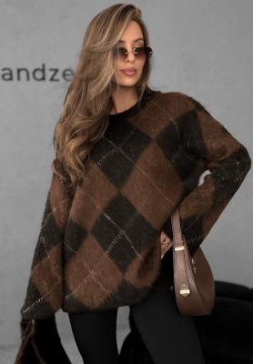 Sveter s diamantovým vzorom s vlnou a viskózou Winter Things čokoládovo-čierny