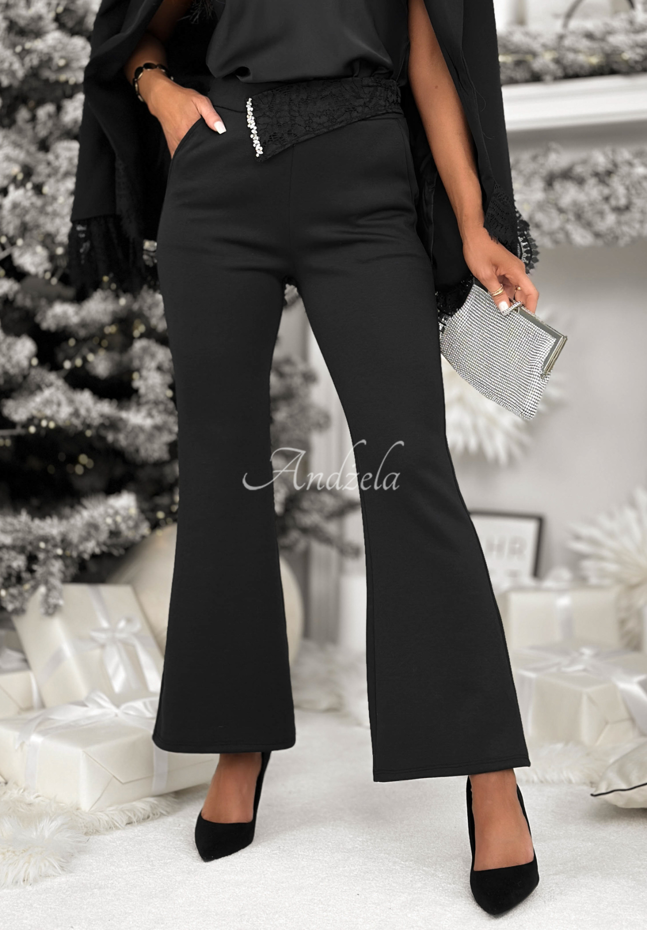 Viskózové nohavice zvony s čipkou Lace Edition čierne