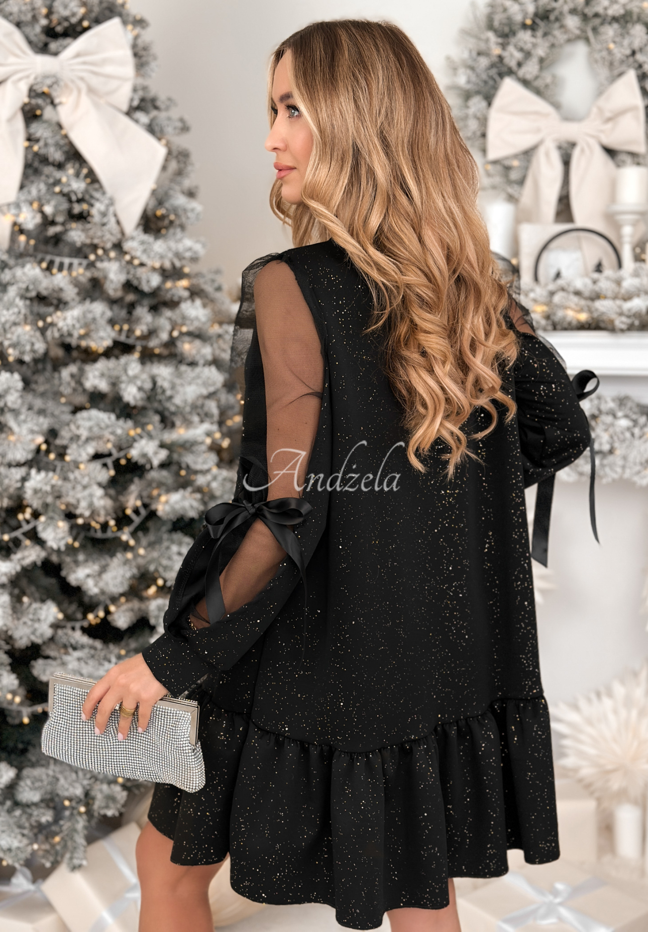 Lesklé viskózové šaty s volánom a mašľami Goodbye My Lover čierna