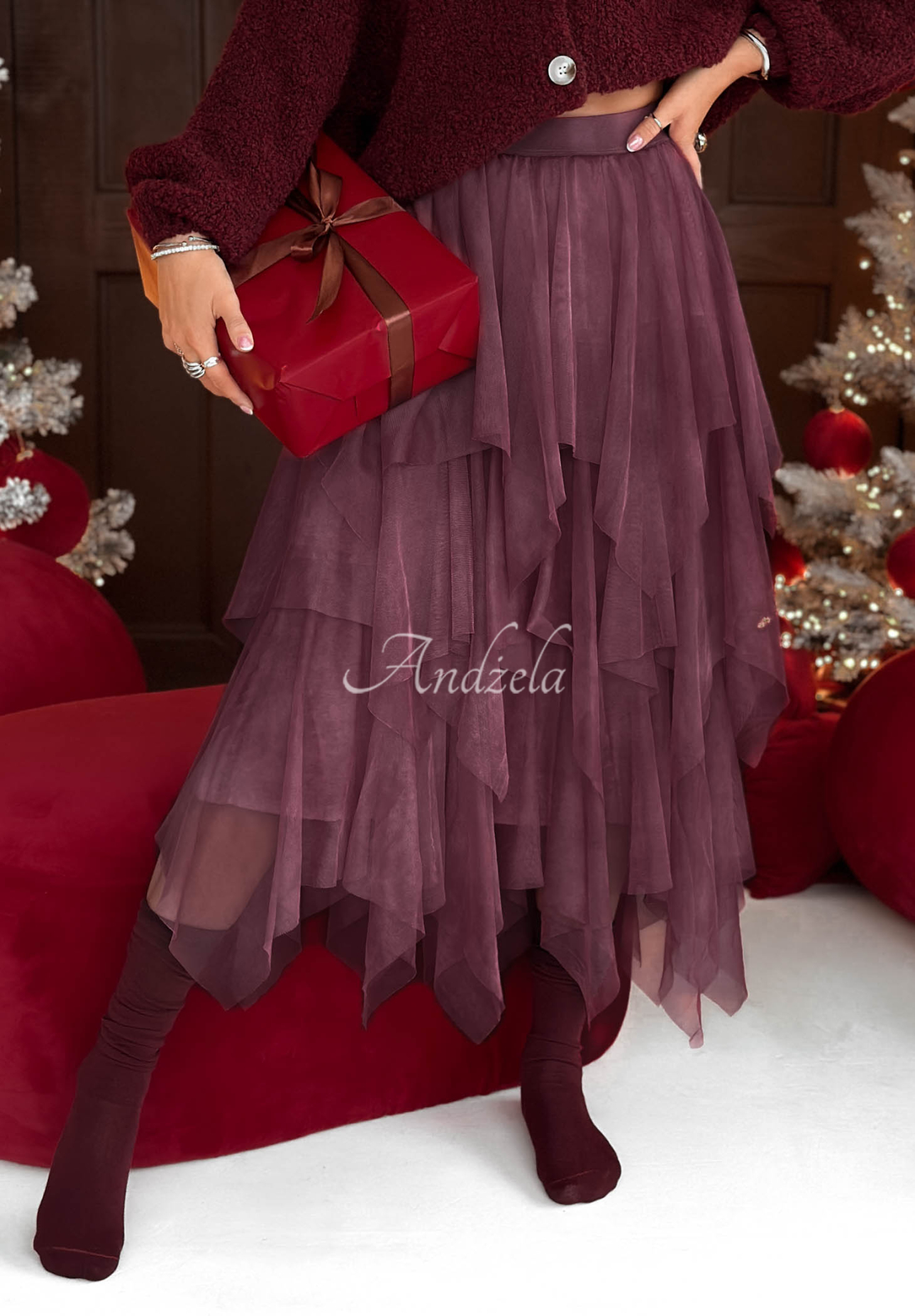 Tylová sukňa midi Elisabeth bordová