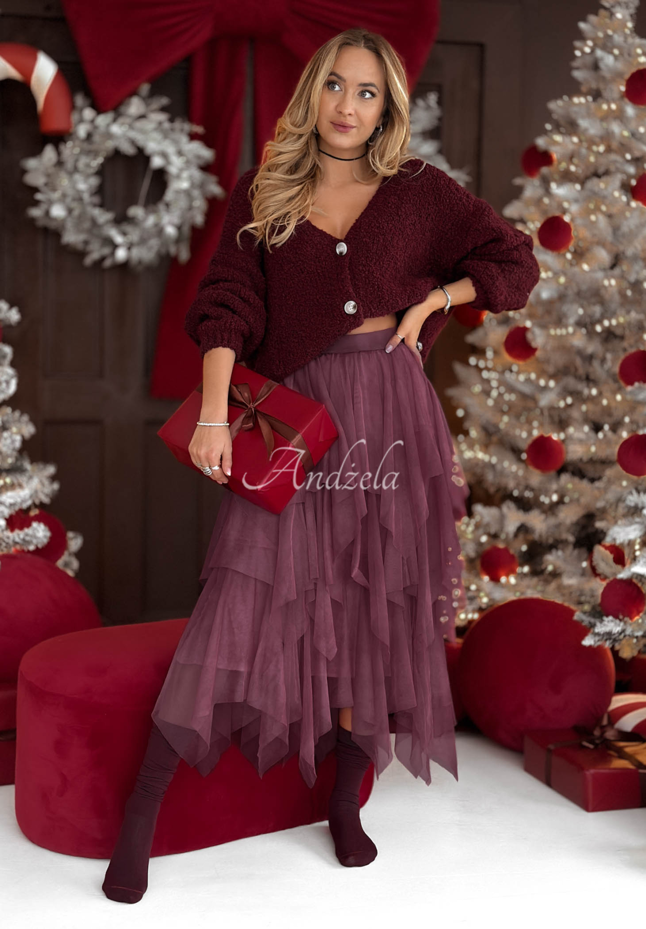 Tylová sukňa midi Elisabeth bordová