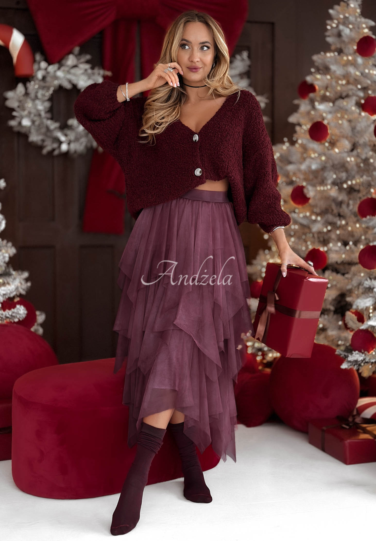 Tylová sukňa midi Elisabeth bordová