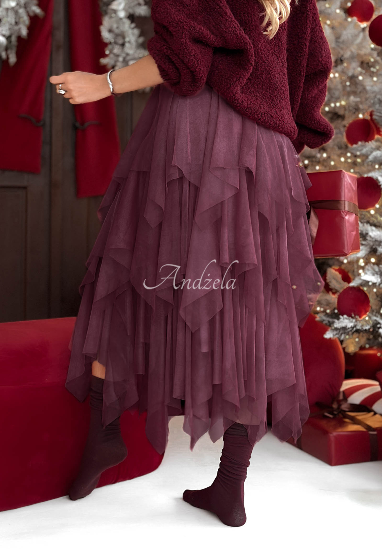 Tylová sukňa midi Elisabeth bordová