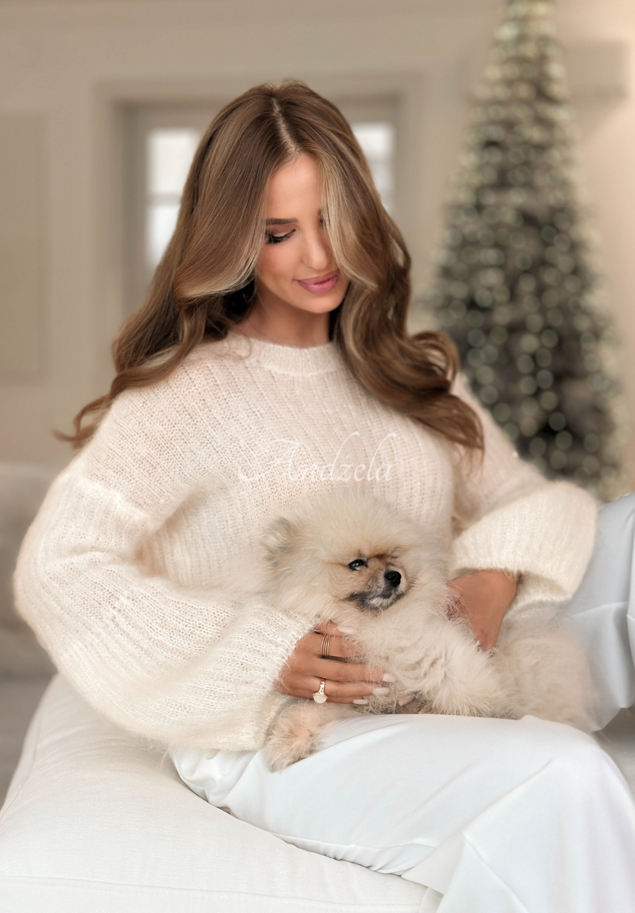 Mäkký mohérový sveter so širokými rukávmi Cotton Candy ecru