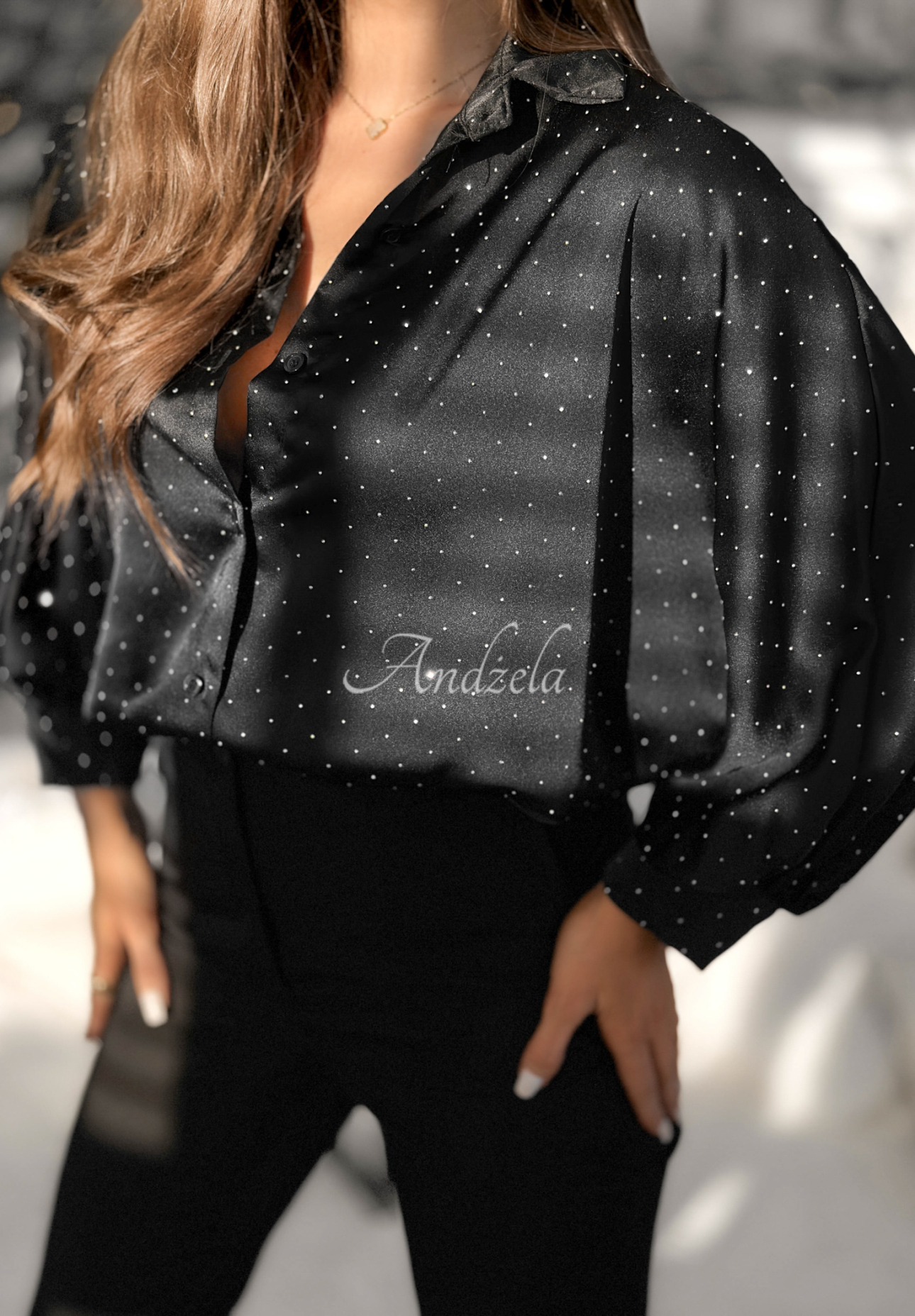 Viskózový košeľa s kryštálikmi Crystal Brilliance čierna