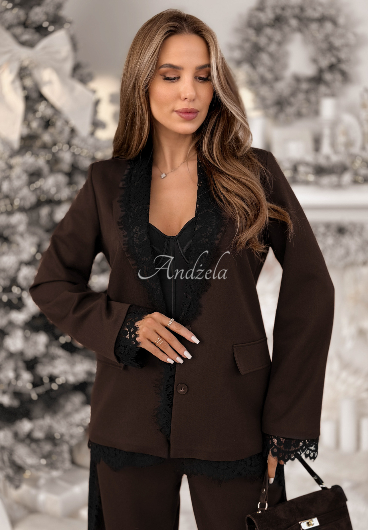 Sako s čipkou a viskózou Grace Moment čokoládová