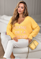 Miękki Sveter z dekoltem i haftami Creme De La Creme žltá