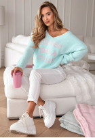 Miękki Sveter z dekoltem i haftami Creme De La Creme blankytný