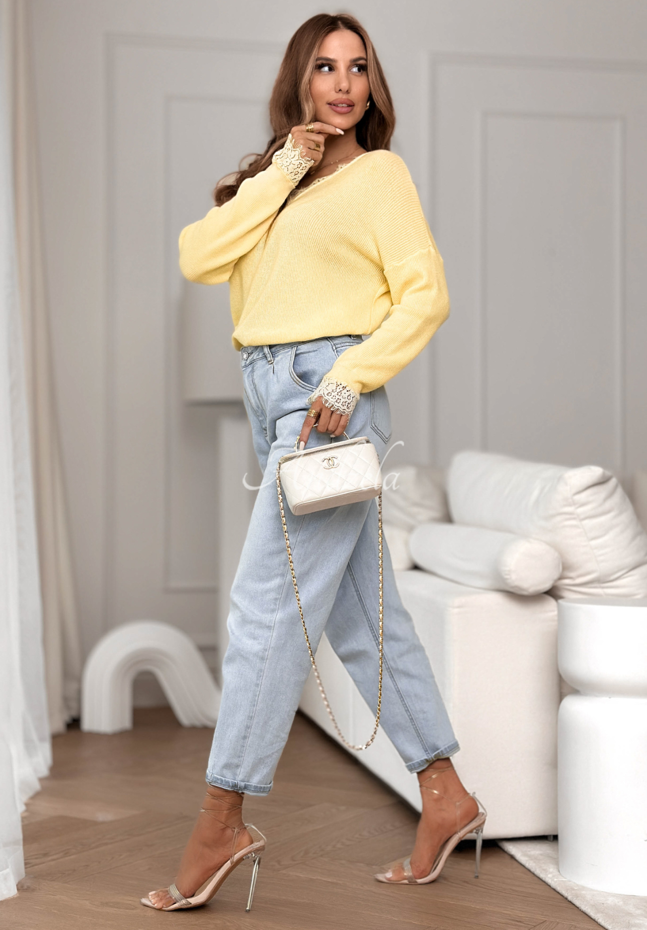 Ľahký viskózový sveter s čipkou Till April ziltá