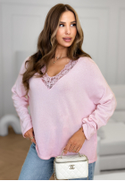 Ľahký Sveter z dekoltem i koronką Cozy Cloud púdrovo ružová