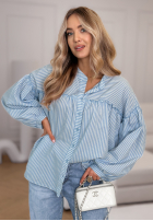 Košeľa z bufkami w paski Pure Lines biało-blankytná