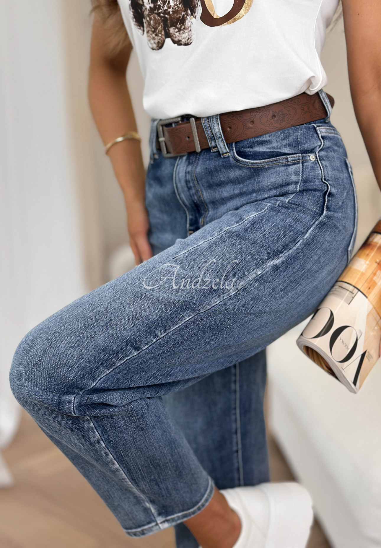 Džínsy mom fit s opaskom Are You Sure modré