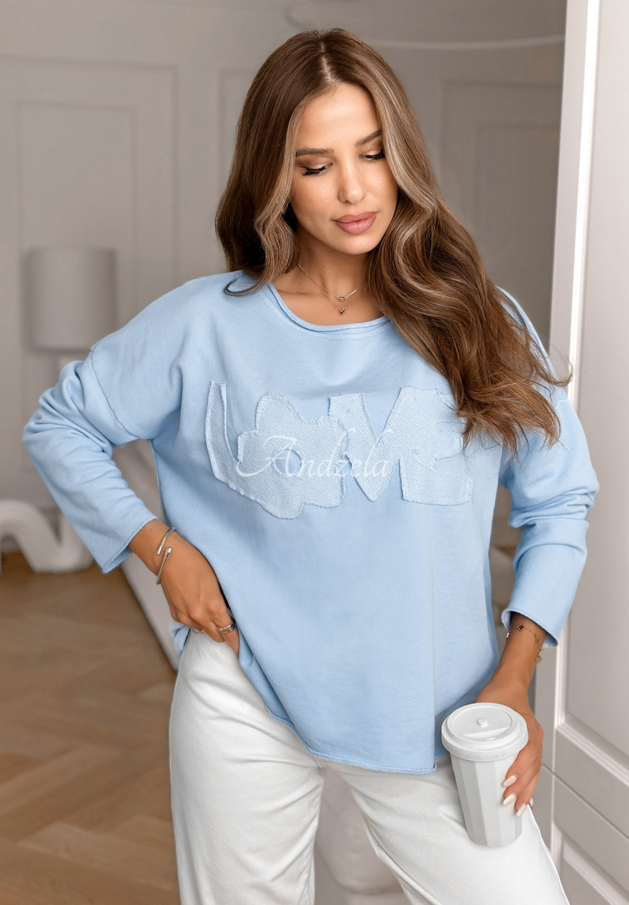 Bavlnená blúzka s nápisom Flowers &amp; Love modrá