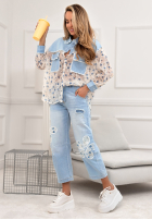 Nohavice džínosové mom fit z haftami Flowery Gifts svetlomodré