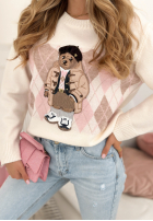 Sveter w romby z misiem Lady Bear ecru