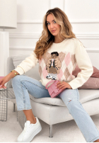 Sveter w romby z misiem Lady Bear ecru