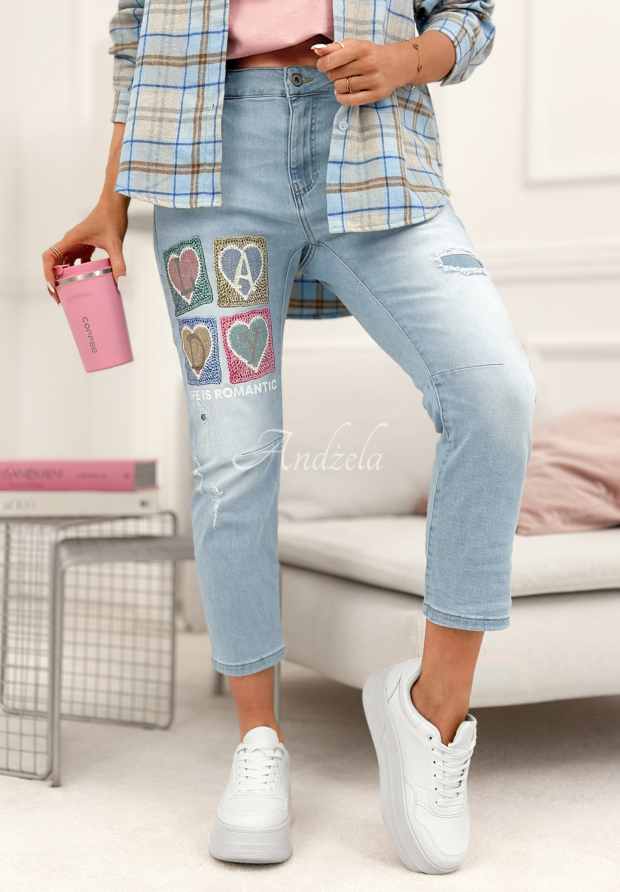 Dž&iacute;nsy mom fit s n&aacute;&scaron;ivkami Four Hearts svetlo modr&eacute;