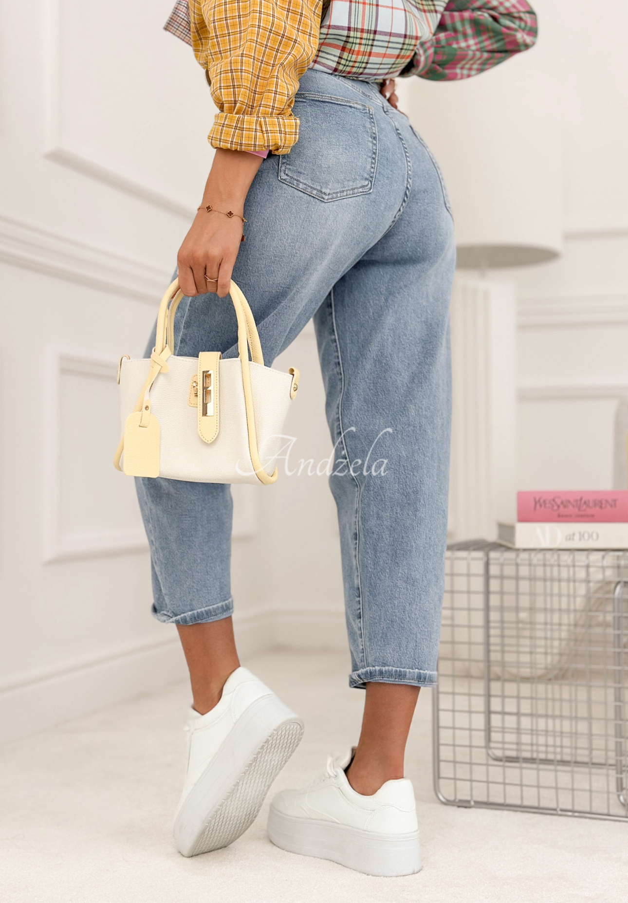 Džínsy mom fit s opaskom I Said Enough modré