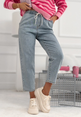 Dž&iacute;nsy mom fit s gumou v p&aacute;se Don&rsquo;t Even Ask modr&eacute;