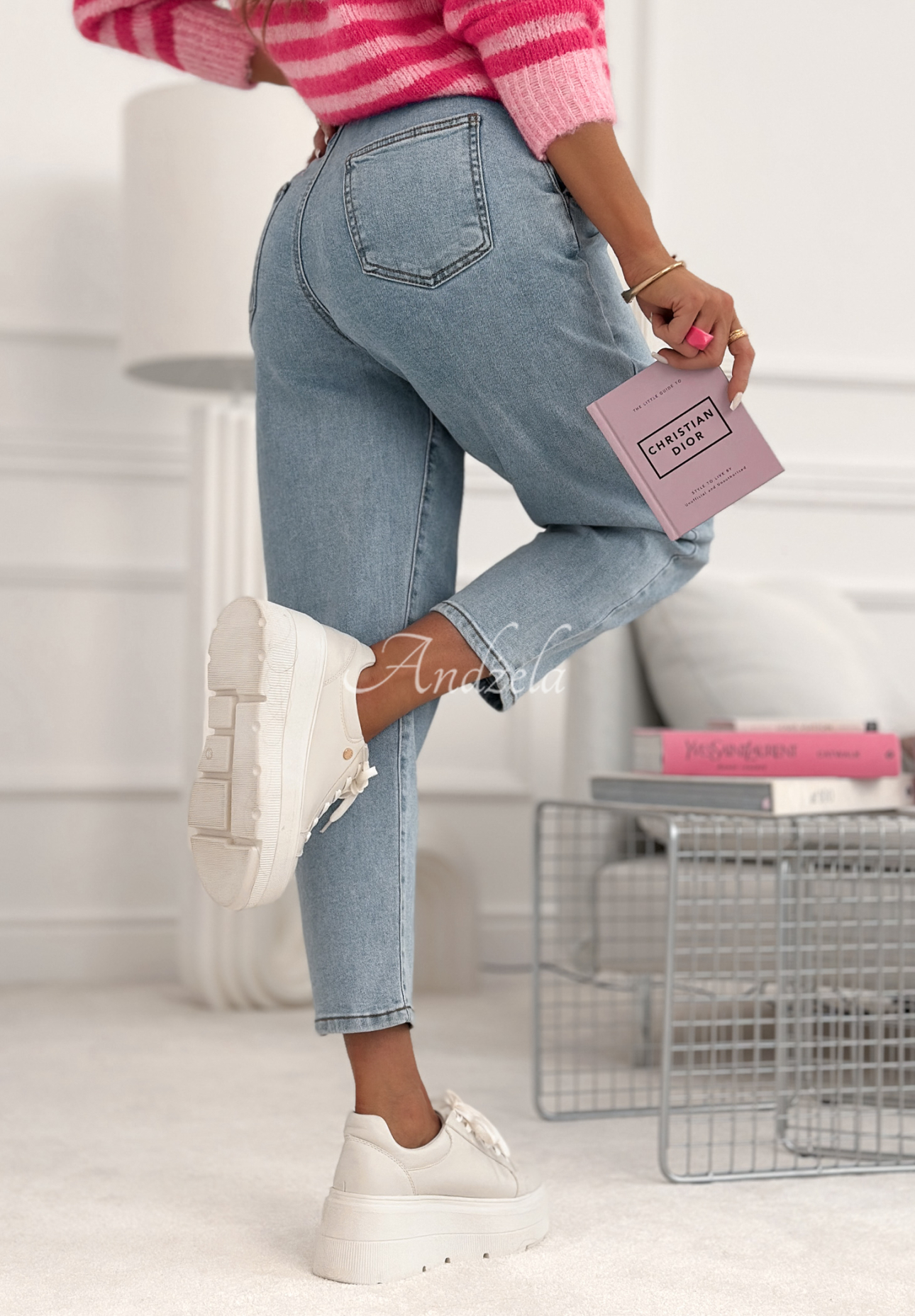 Džínsy mom fit s gumou v páse Don’t Even Ask modré