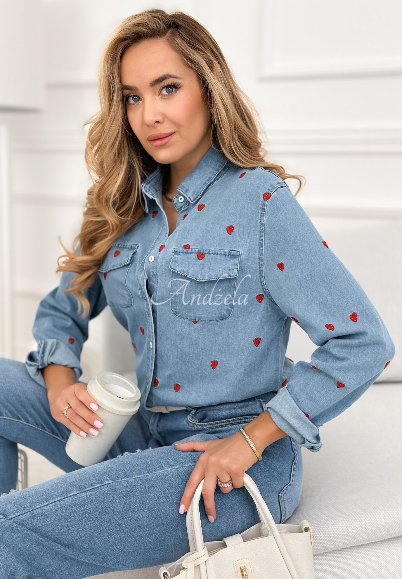 Bavlnená košeľa so srdiečkami Holding My Heart modrá