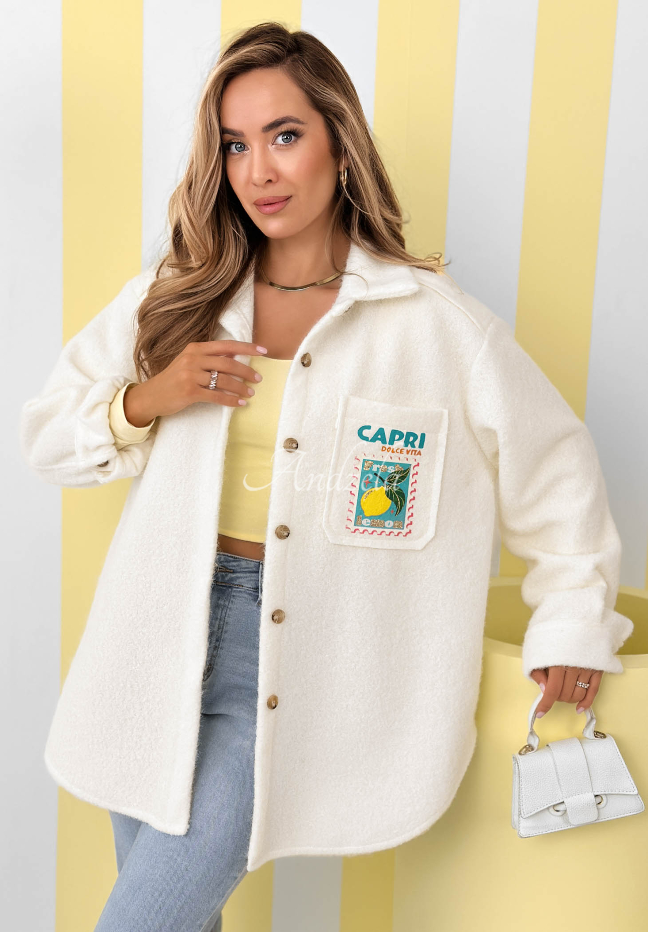 Bunda kožúšok s potlačou a vlnou Capri Dolce Vita ecru