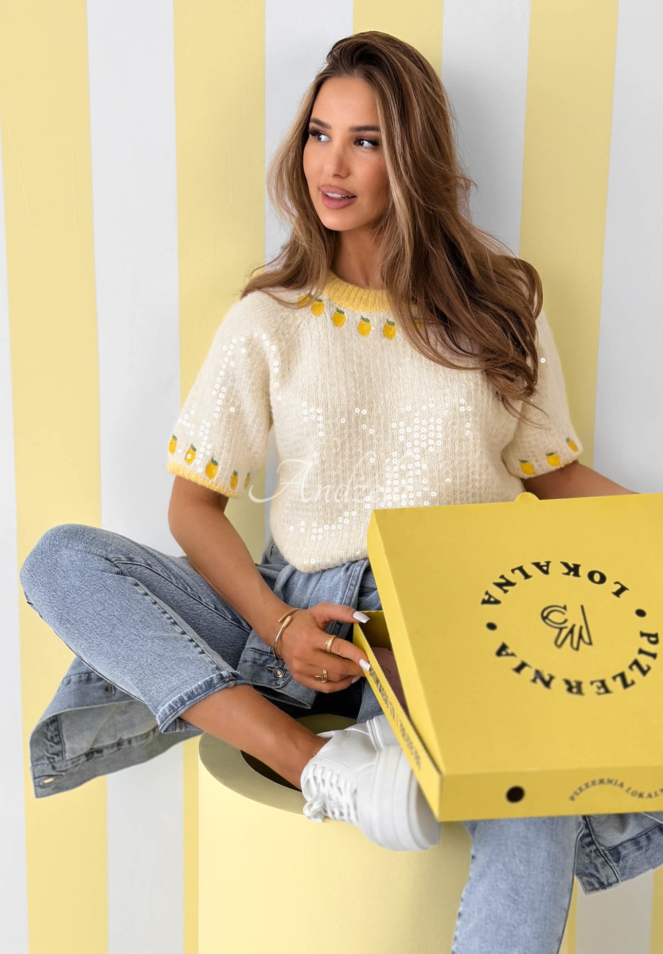 Flitrový sveter s citrónmi Lemon Touch ecru