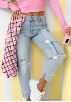 Nohavice džínosové mom fit z kwiatami Sweet Little Flowers svetlomodré