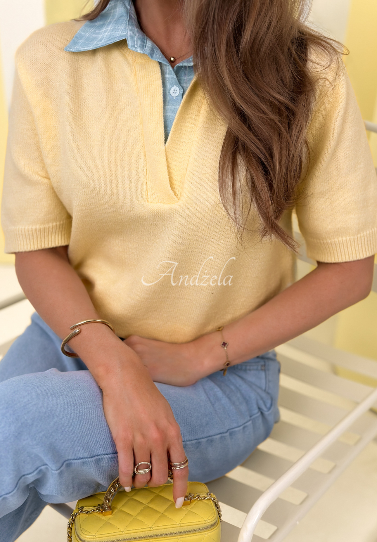 Viskózový sveter s košeľovou vsadkou Spring Wind žltá