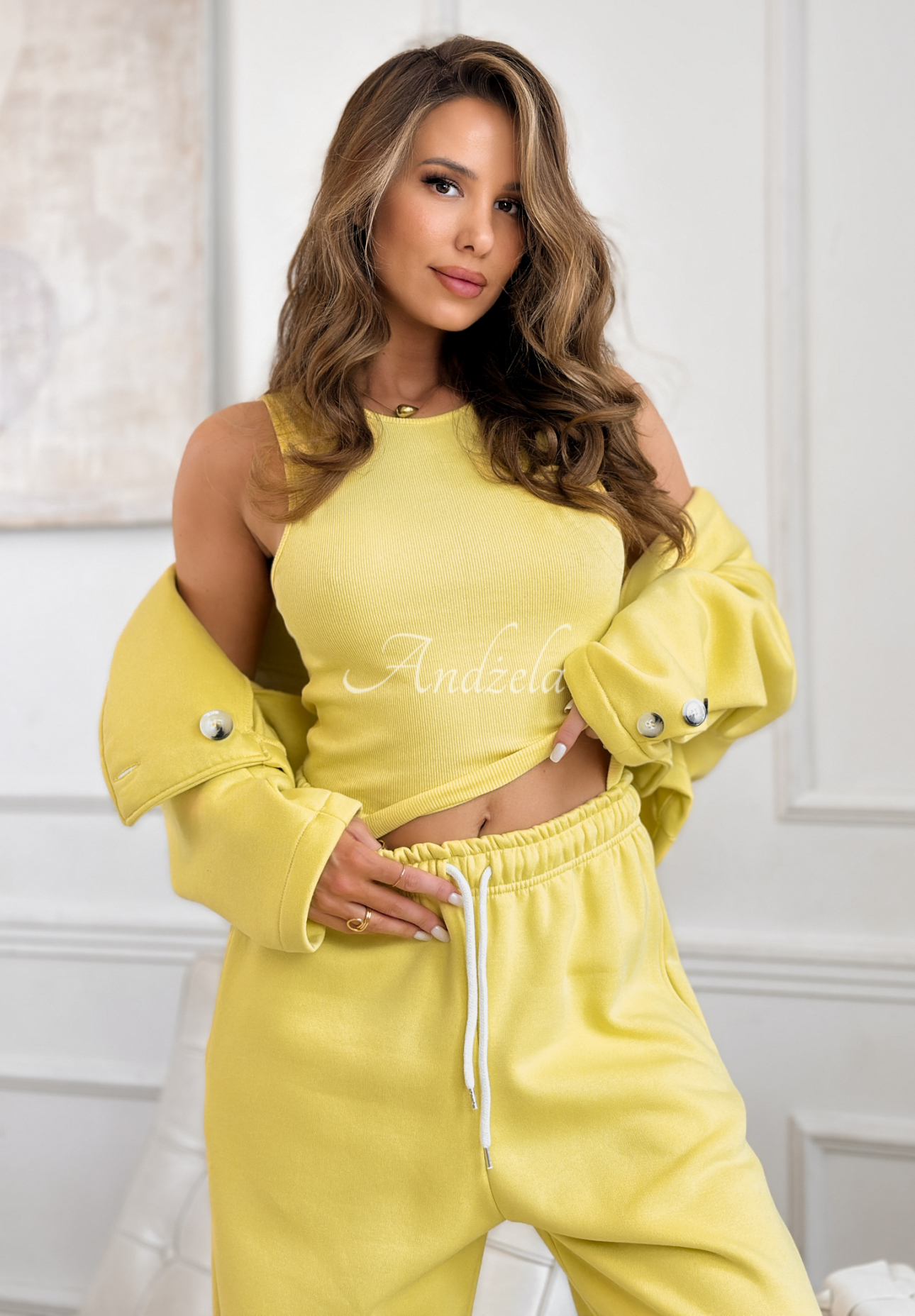 Bavlnená tepláková súprava sako, nohavice a top 3v1 Almost There limentkový