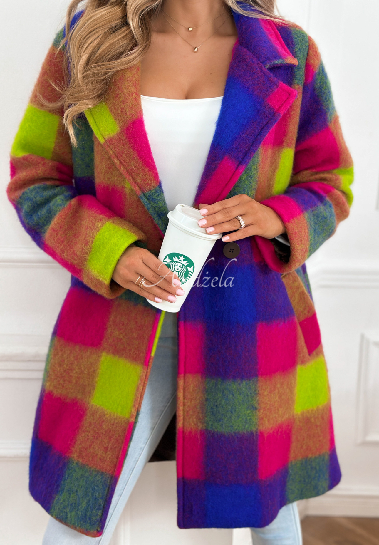 Kabát s károvaným golierom s vlnou Spring Sunrise fialovo-žltá