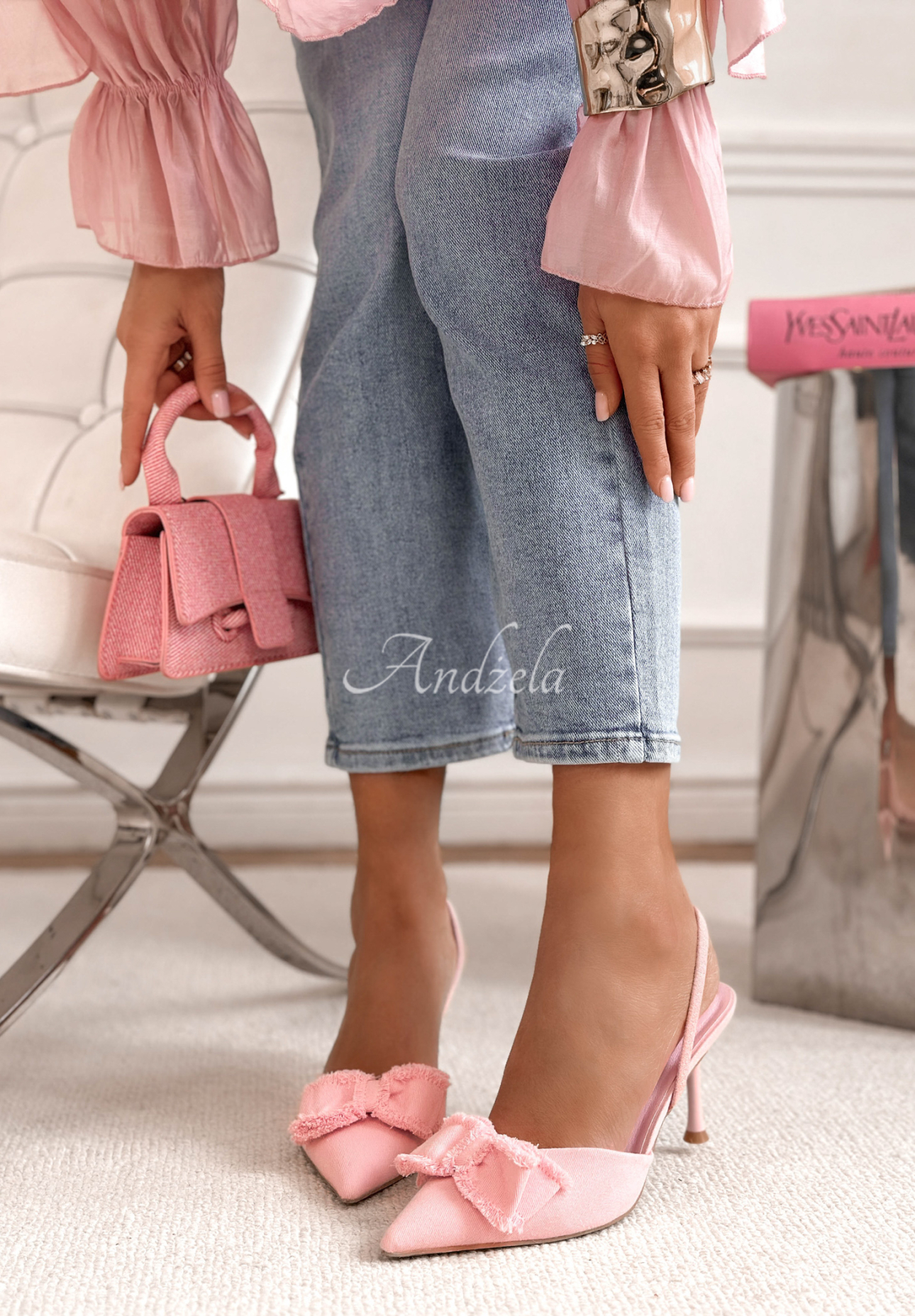 Sandálky na ihličkovom podpätku s mašľou New Season púdrovo ružová