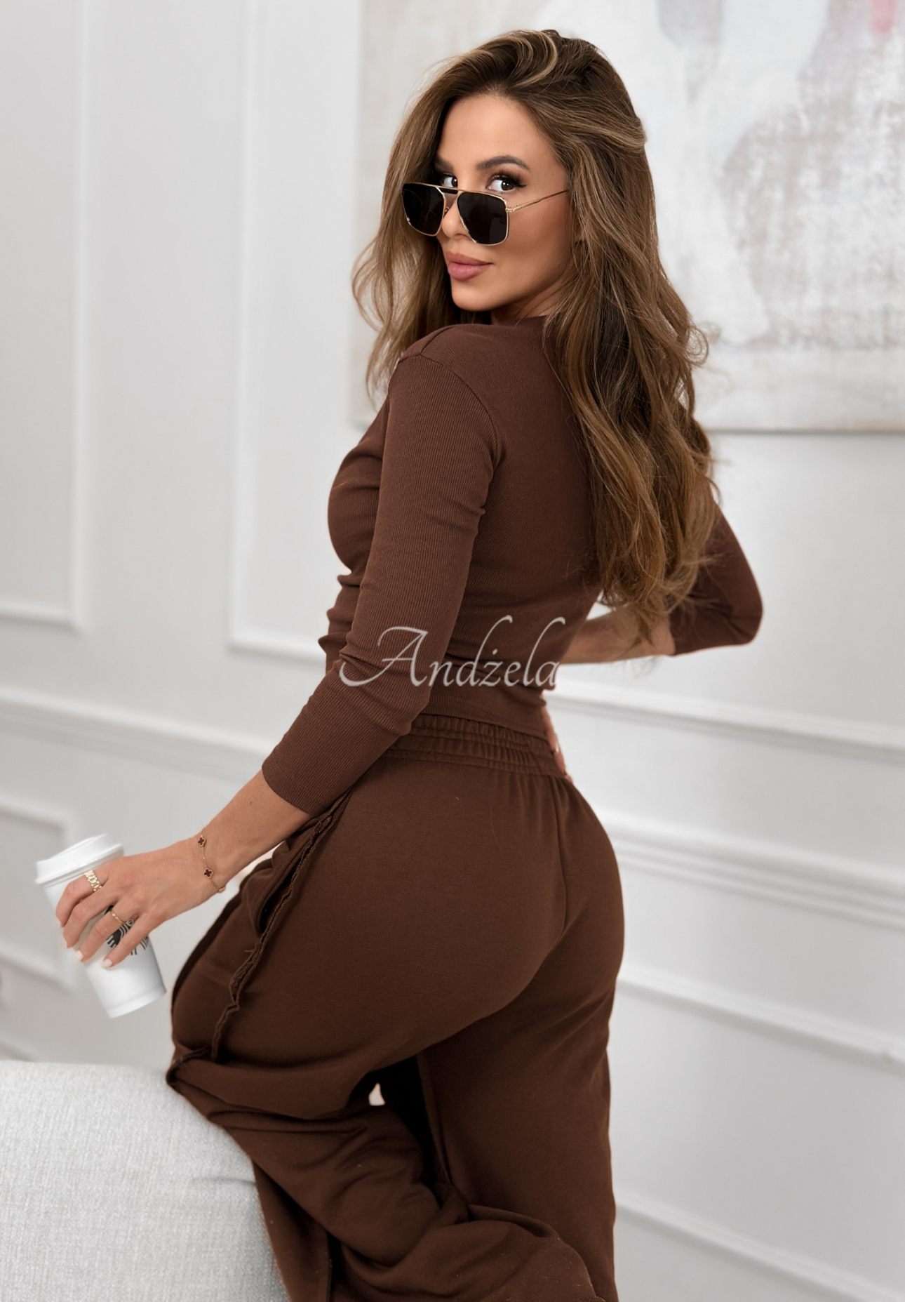 Bavlnená súprava blúzka a nohavice wide leg Spring Charm čokoládový