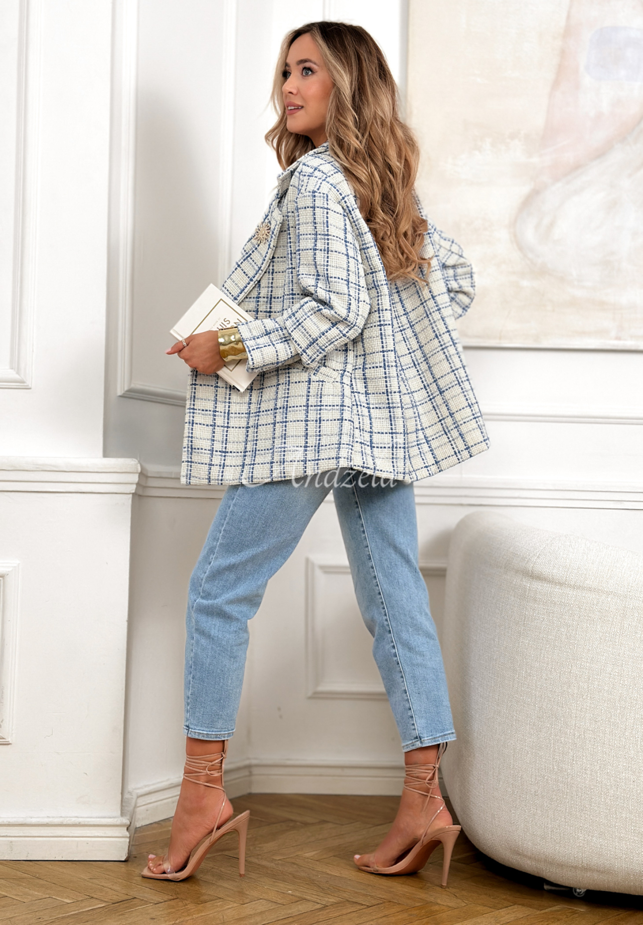 Tvídové kárované sako Alive Again modrý