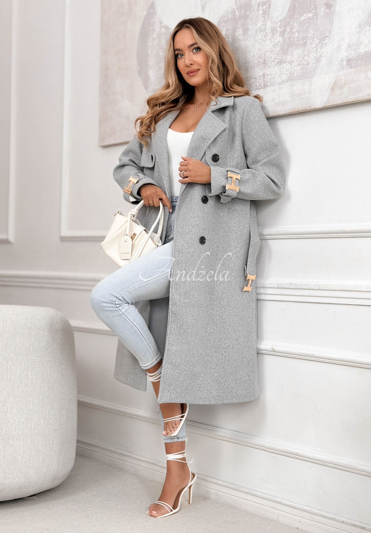 Dlhý dvojradový kabát s opaskom Changing Of Season sivý