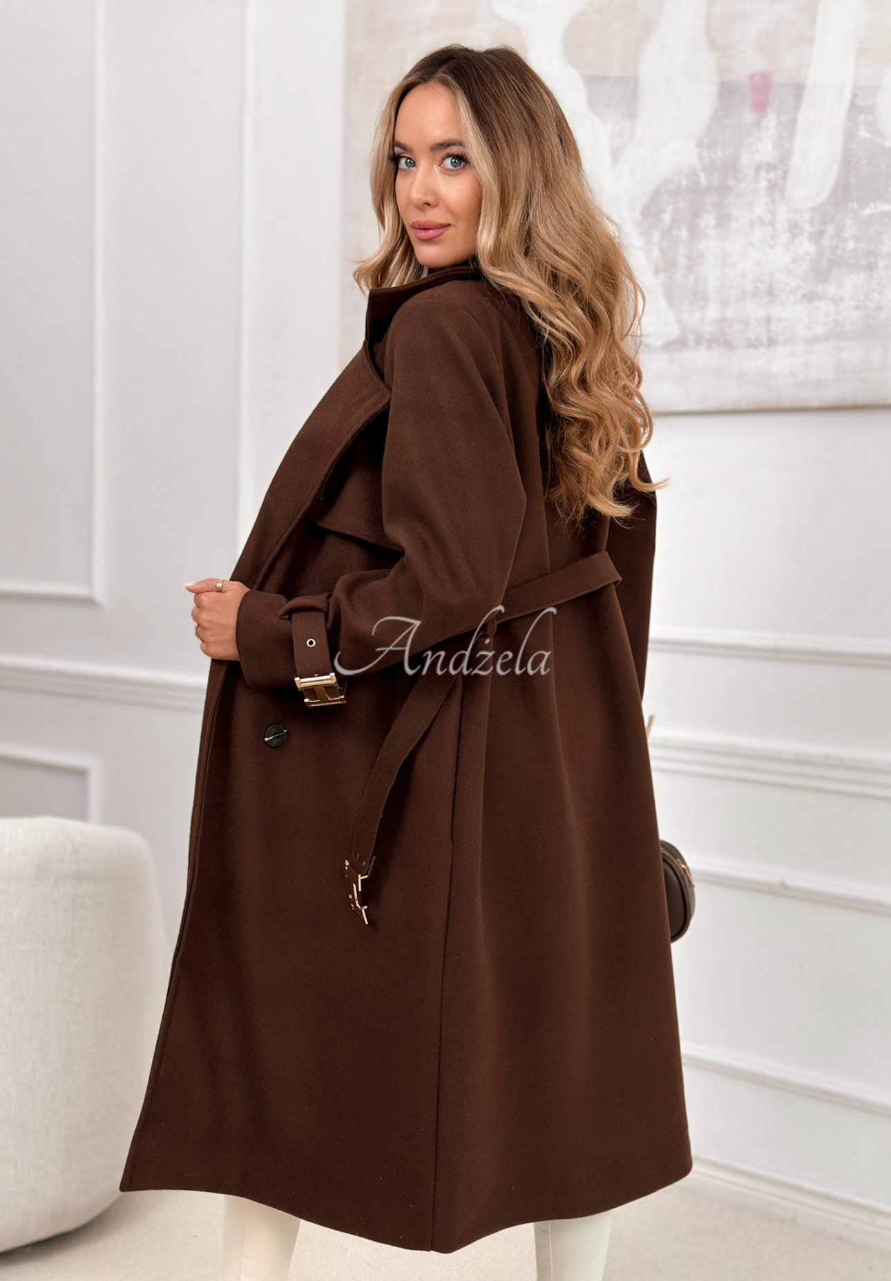 Dlhý dvojradový kabát s opaskom Changing Of Season čokoládový