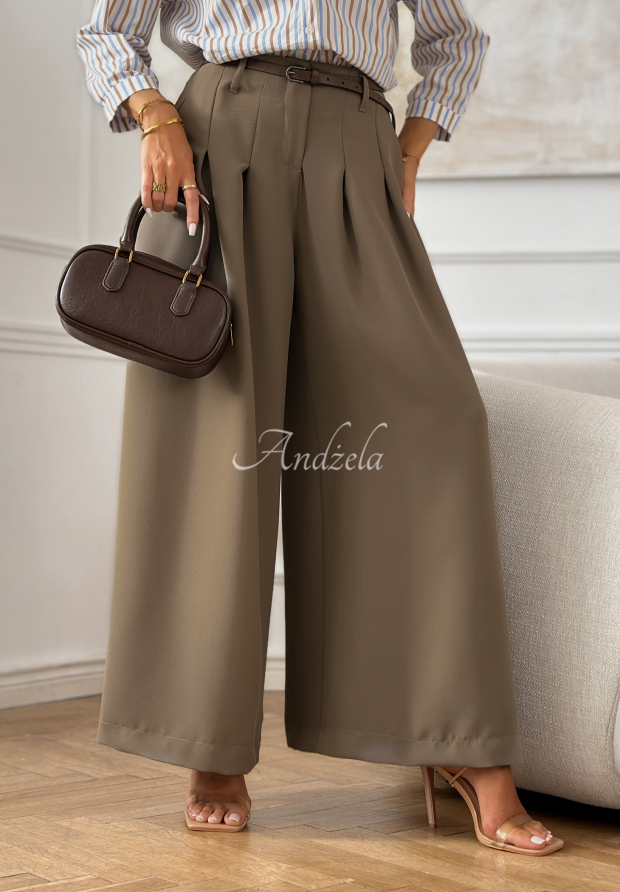 Elegantn&eacute; nohavice wide leg s opaskom Begin Doing Mokka