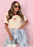 Sveter z haftowanymi wisienkami Cherry Pamour ecru