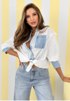 Košeľa z jeansowymi wstawkami i koronką New Beauty biało-modrá