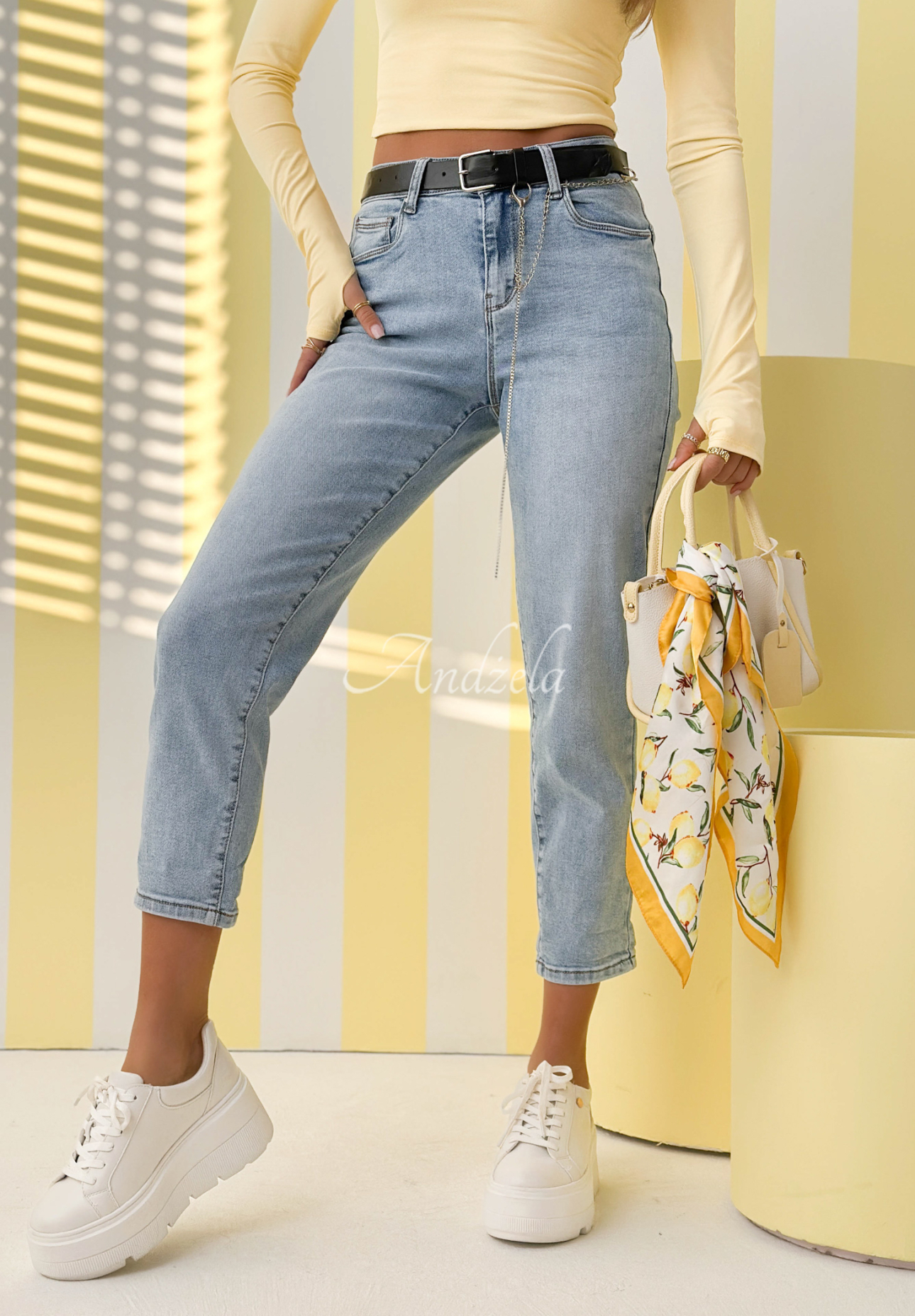 Džínsy s opaskom mom fit Just Because modré